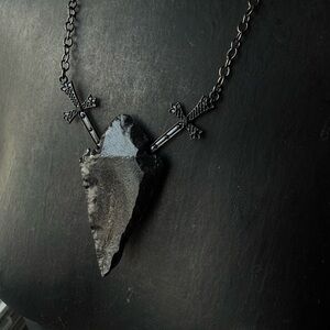 Obsidian Arrowhead Pendant Necklace with two of swords goth witchy tarot style